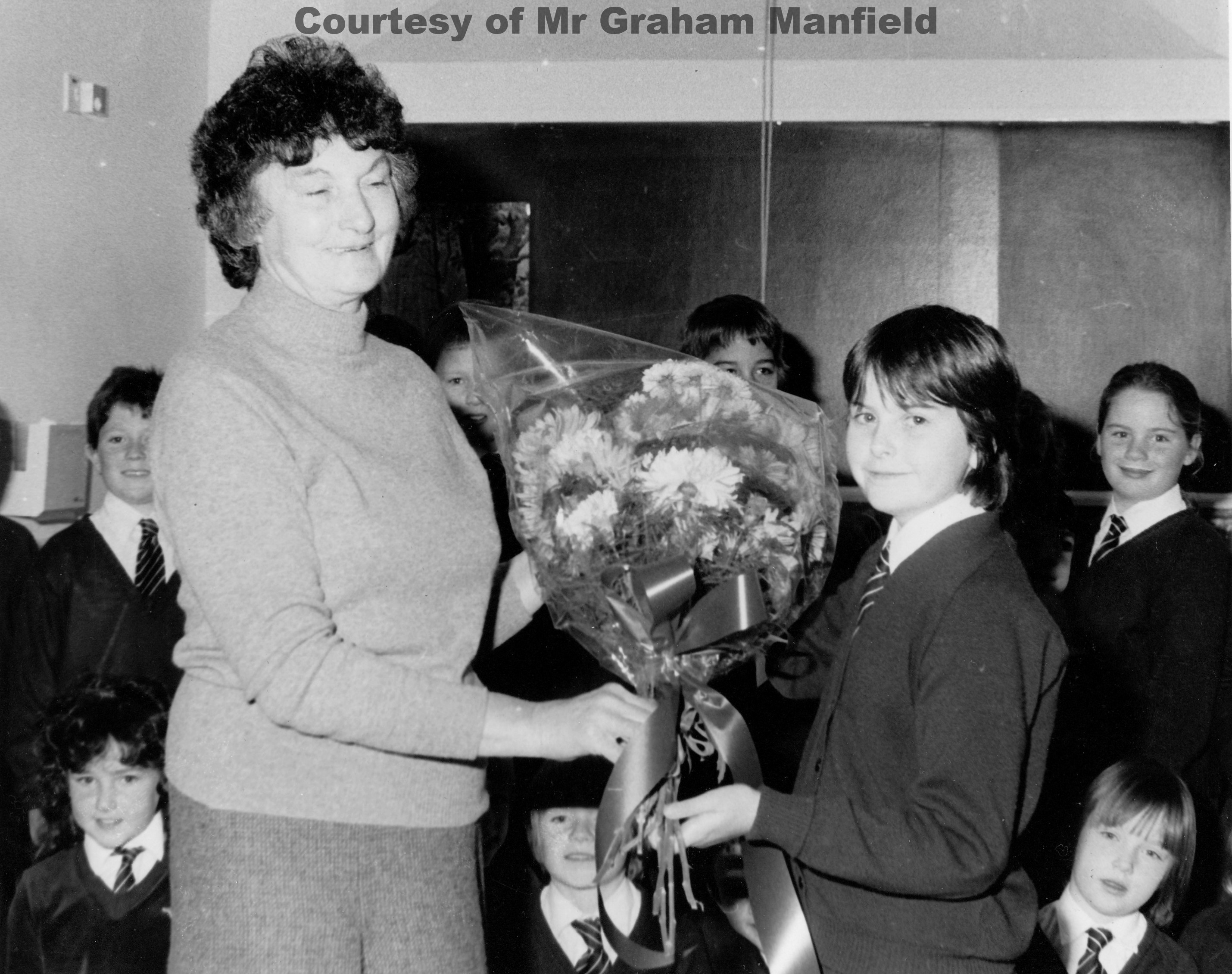 Mrs Margaret Manfield Caretaker at Goonhavern School retires in Nov 1983 after 14 years.